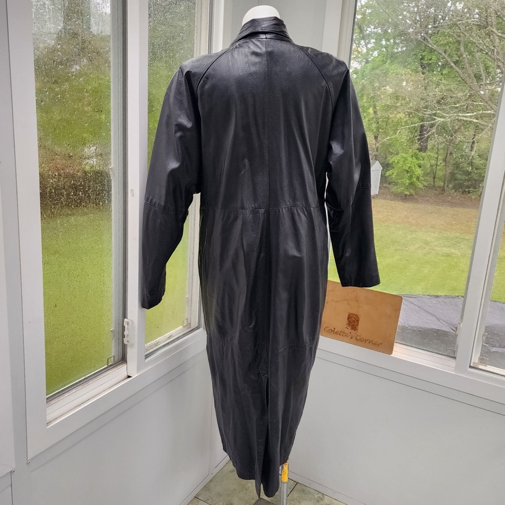 Vintage Accent Black Leather Cocoon Sleeve Maxi Single Breasted Coat Size XL - Picture 4 of 14